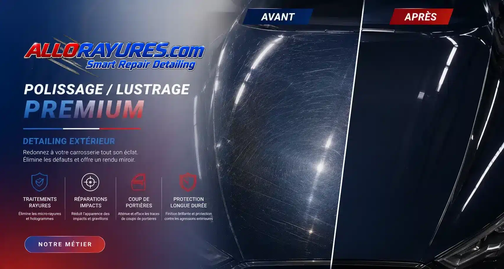 Capot de voiture avant et après un polissage lustrage : rayures et hologrammes effacés, rendu miroir