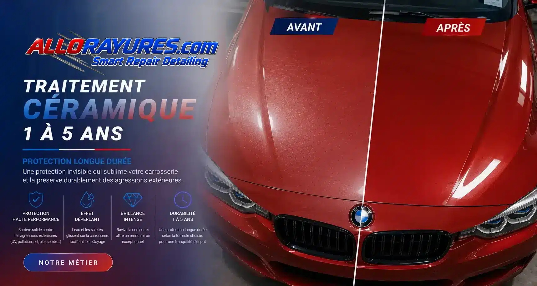 Carrosserie rouge avant et après un traitement céramique : surface lisse, protégée et brillante